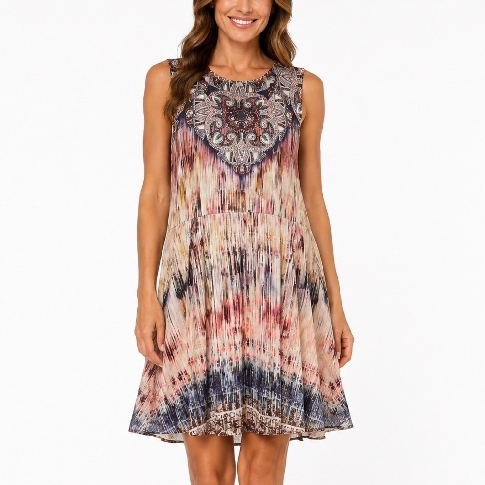 One World Sleeveless Paisley Medallion Dress Large Boho Stretch Rhinestrones